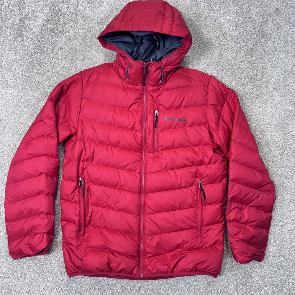 Columbia Puffer Jacket Mens Medium Omni-Heat Hooded Red Down Insulated EUC